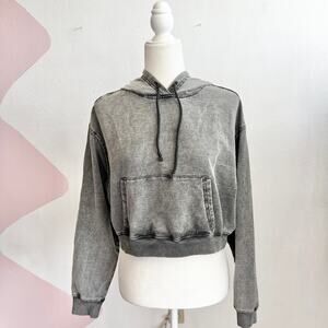 Black Acid Wash Cropped Hoodie Y2K Grunge Streetwear Pullover Small